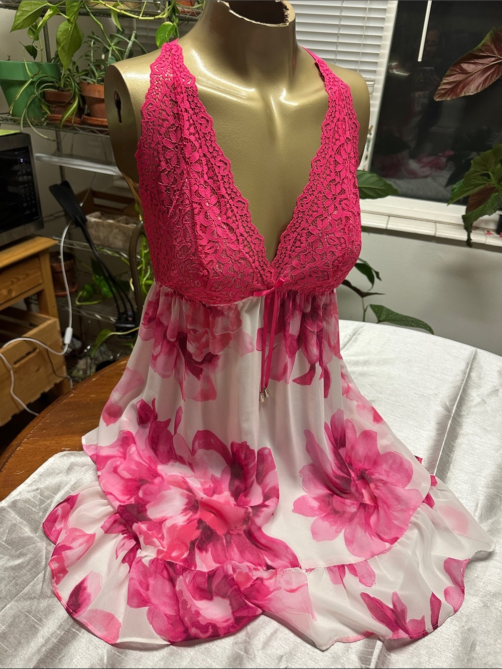 Linea Donatella Hot Pink Lace & Floral Chiffon Chemise